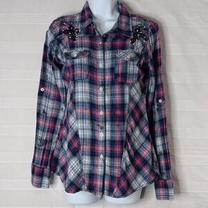 Passion to Roar Long Sleeve Flannel Shirt w/ Rhinestone & Sequin Embellishment M